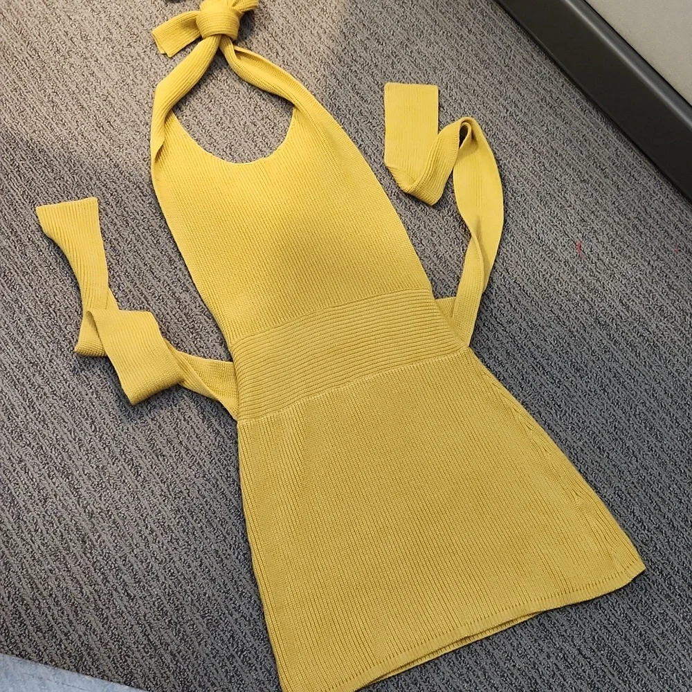 Free People Mustard Yellow Knit Bow Strap Dress
